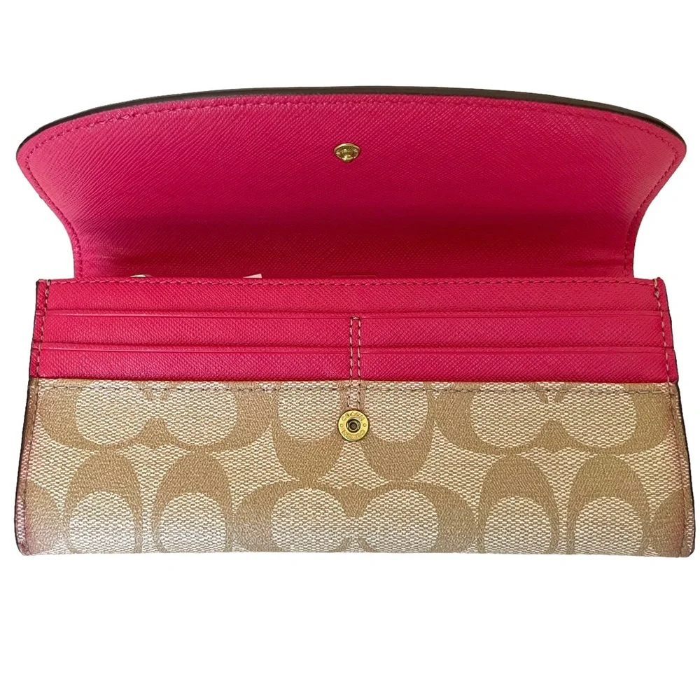 Coach Vintage Khaki/Tan Coated Canvas Wallet Clutch Pink Zippered Pouch - NWT